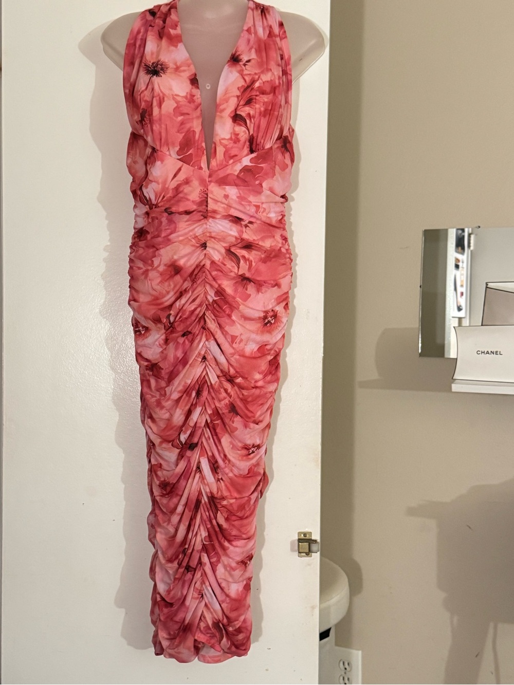 Fashion Nova Coral Pink Floral Ruched Halter Maxi Dress